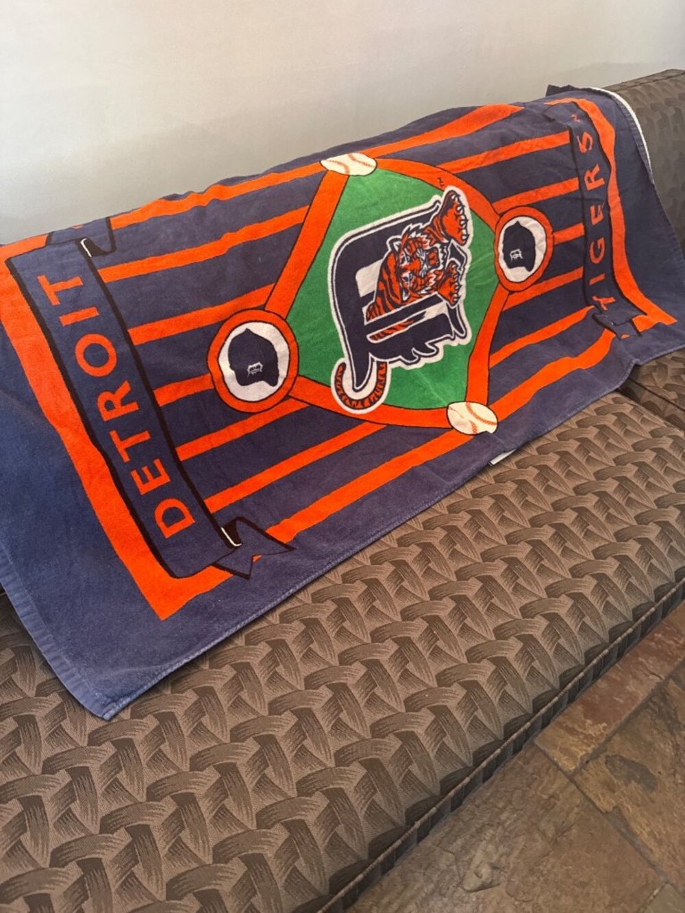 Vintage Detroit Tigers Baseball Field Design Beach Towel - Striped Pattern - Nav